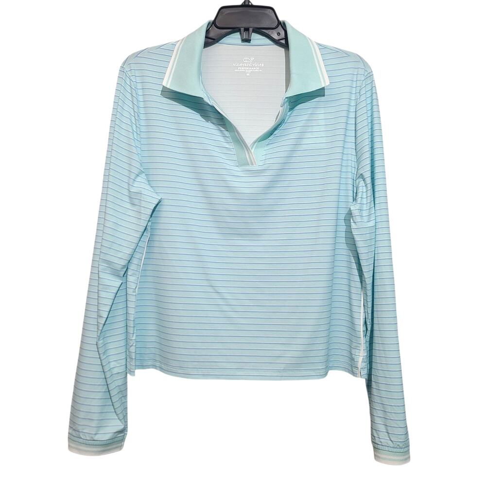 Vineyard Vines Womens Polo Medium NWT Light Blue White Stripe Cropped 2G001403